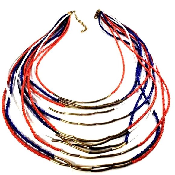 ✨ Boho Multi-Strand Beaded Necklace – Red, White & Blue with Gold-Tone Accents - Picture 1 of 8